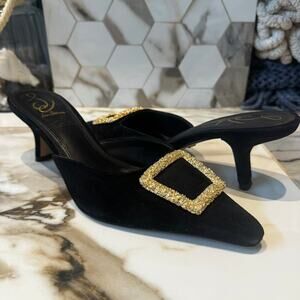 Sam Edelman Women's Brit Pump Black Suede Gold Buckle Kitten Heels Mules Sz 9.5